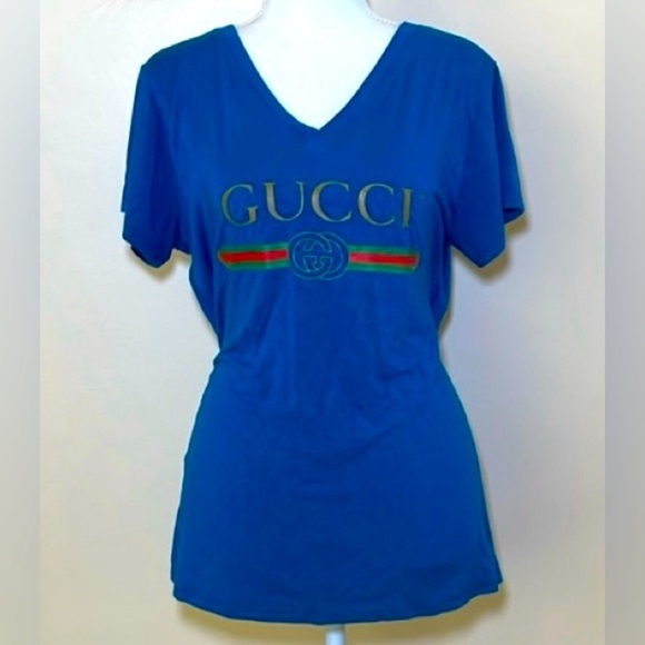 GUCCI Electric Blue Logo T Shirt, EUC - Picture 1 of 6